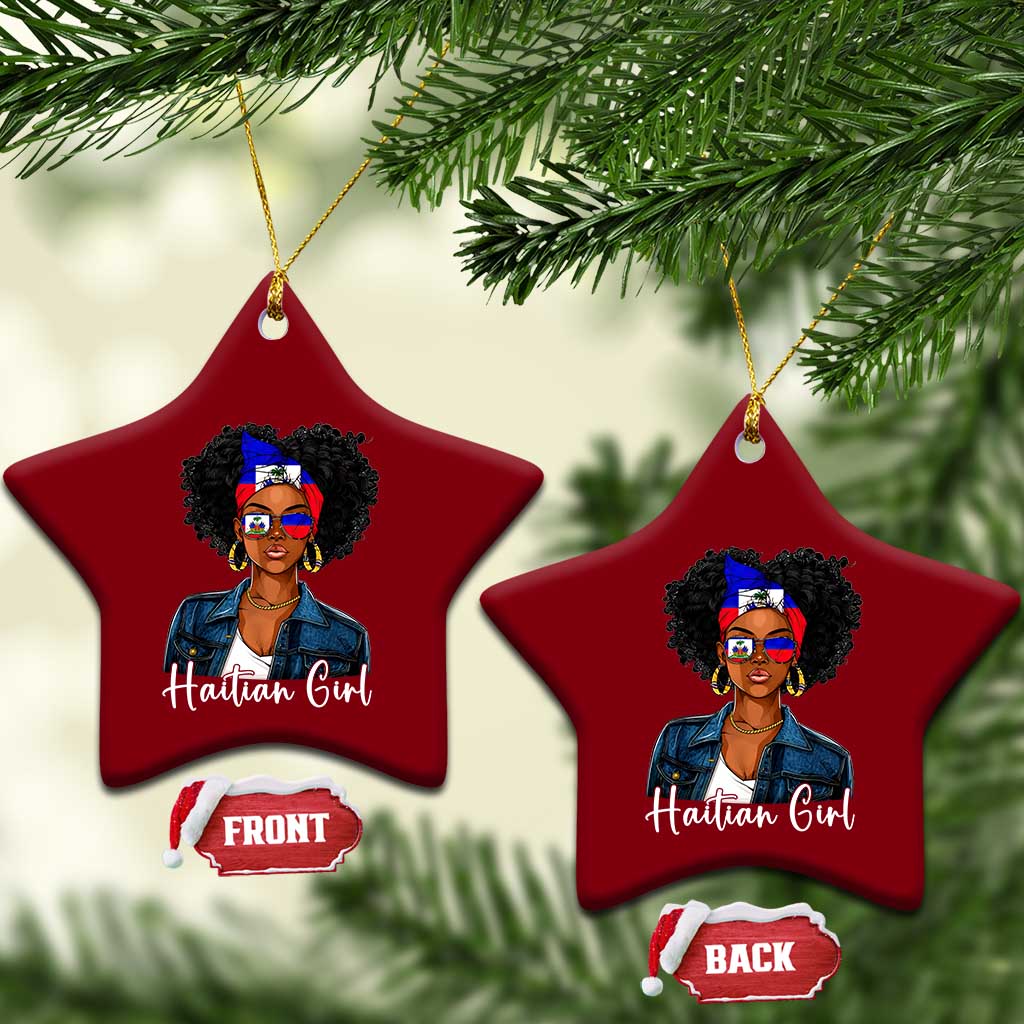 Proud Haitian Afro Girl in Denim Jacket Style Graphic Ceramic Ornament Haiti Heritage Pride TS02 Print Your Wear