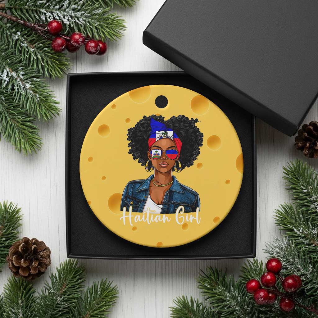Proud Haitian Afro Girl in Denim Jacket Style Graphic Ceramic Ornament Haiti Heritage Pride TS02 1pc Yellow Cheese Print Your Wear