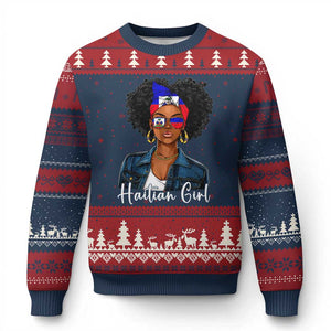 Proud Haitian Afro Girl in Denim Jacket Style Graphic Ugly Christmas Sweater Haiti Heritage Pride TS02 Navy Red Print Your Wear