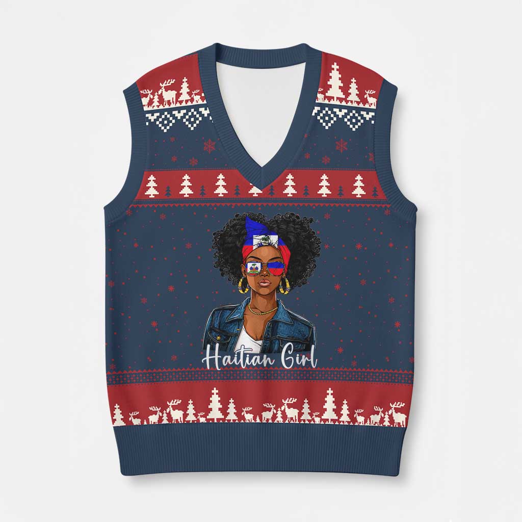 Proud Haitian Afro Girl in Denim Jacket Style Graphic V-Neck Knit Sweater Vest Haiti Heritage Pride TS02 Navy Red Print Your Wear