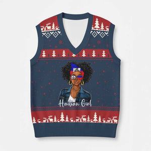 Proud Haitian Afro Girl in Denim Jacket Style Graphic V-Neck Knit Sweater Vest Haiti Heritage Pride TS02 Navy Red Print Your Wear
