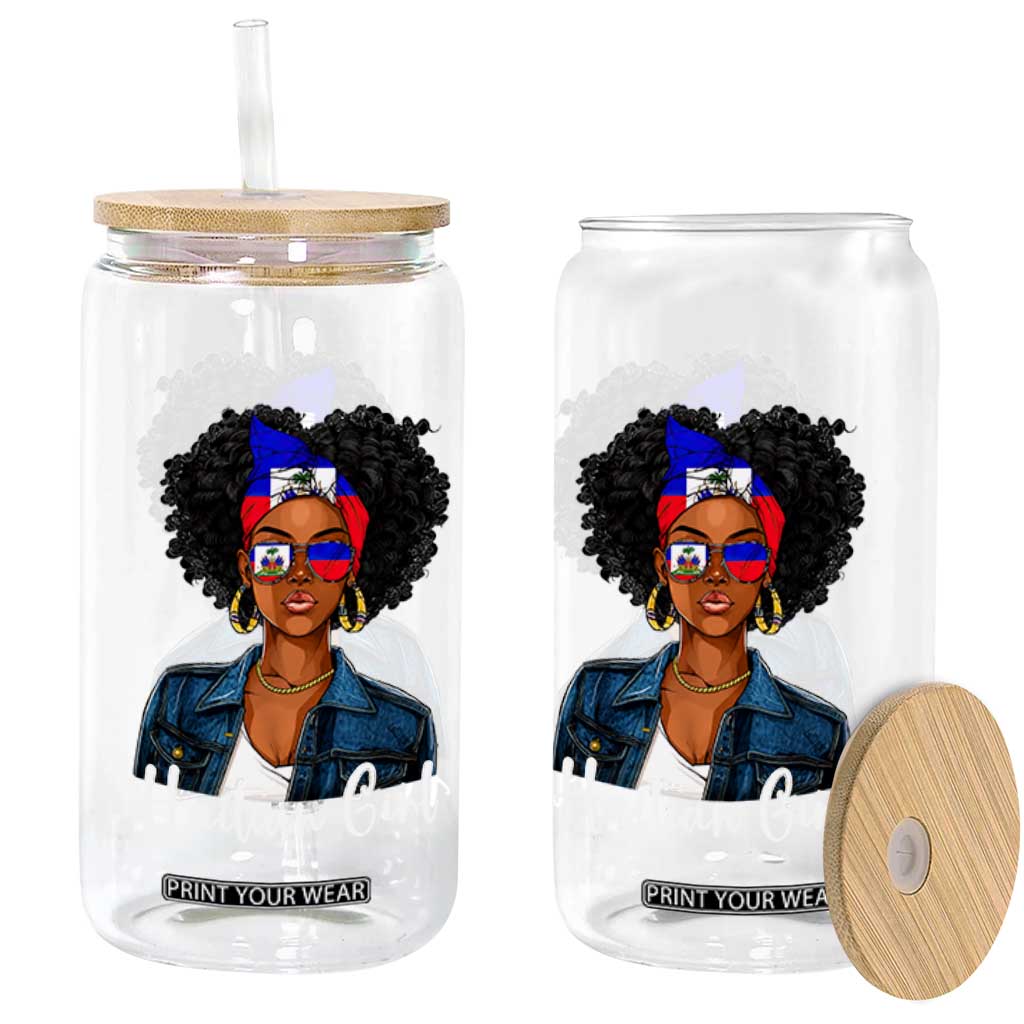 Proud Haitian Afro Girl in Denim Jacket Style Graphic Glass Can Haiti Heritage Pride TS02 Print Your Wear