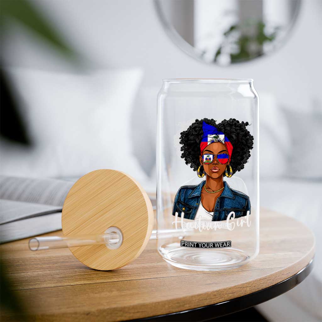 Proud Haitian Afro Girl in Denim Jacket Style Graphic Glass Can Haiti Heritage Pride TS02 Print Your Wear