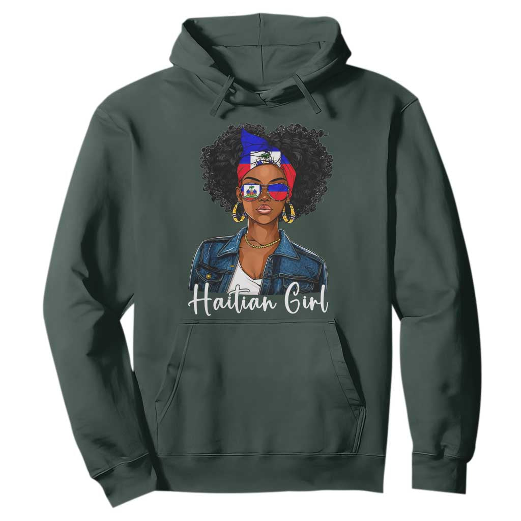 Proud Haitian Afro Girl in Denim Jacket Style Graphic Hoodie Haiti Heritage Pride TS02 Dark Forest Green Print Your Wear