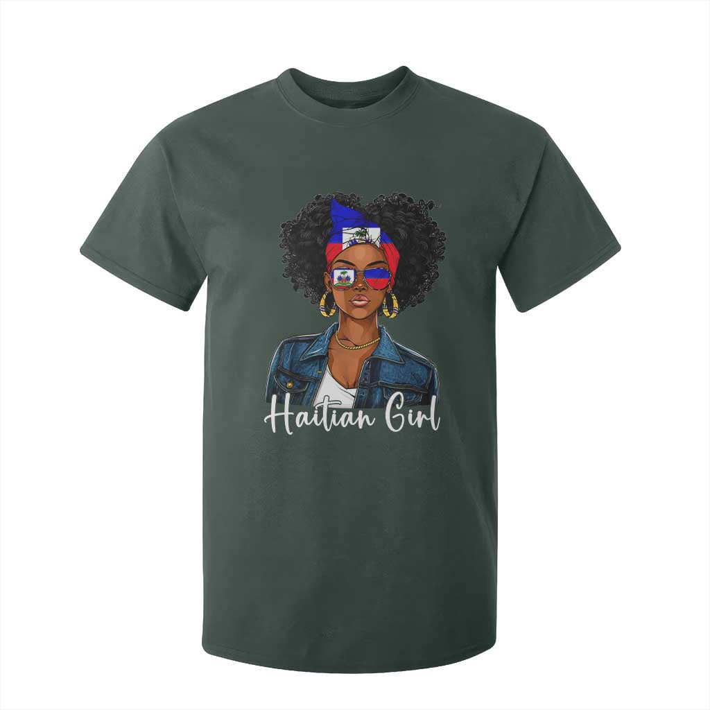 Proud Haitian Afro Girl in Denim Jacket Style Graphic T Shirt For Kid Haiti Heritage Pride TS02 Dark Forest Green Print Your Wear
