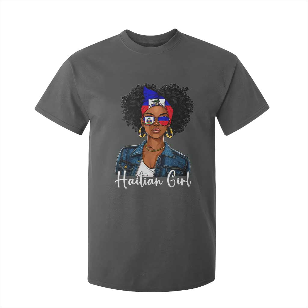Proud Haitian Afro Girl in Denim Jacket Style Graphic T Shirt For Kid Haiti Heritage Pride TS02 Dark Heather Print Your Wear