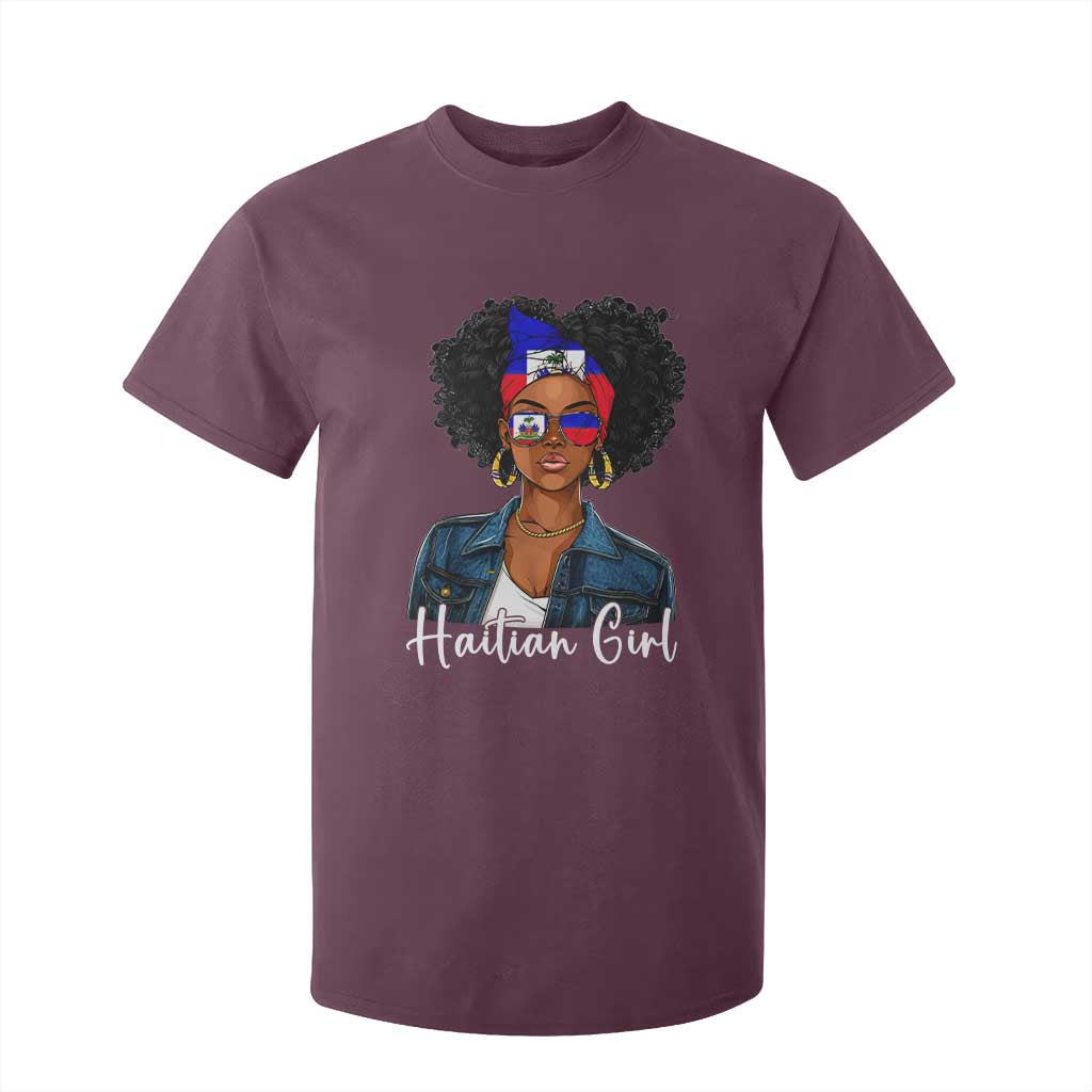 Proud Haitian Afro Girl in Denim Jacket Style Graphic T Shirt For Kid Haiti Heritage Pride TS02 Maroon Print Your Wear