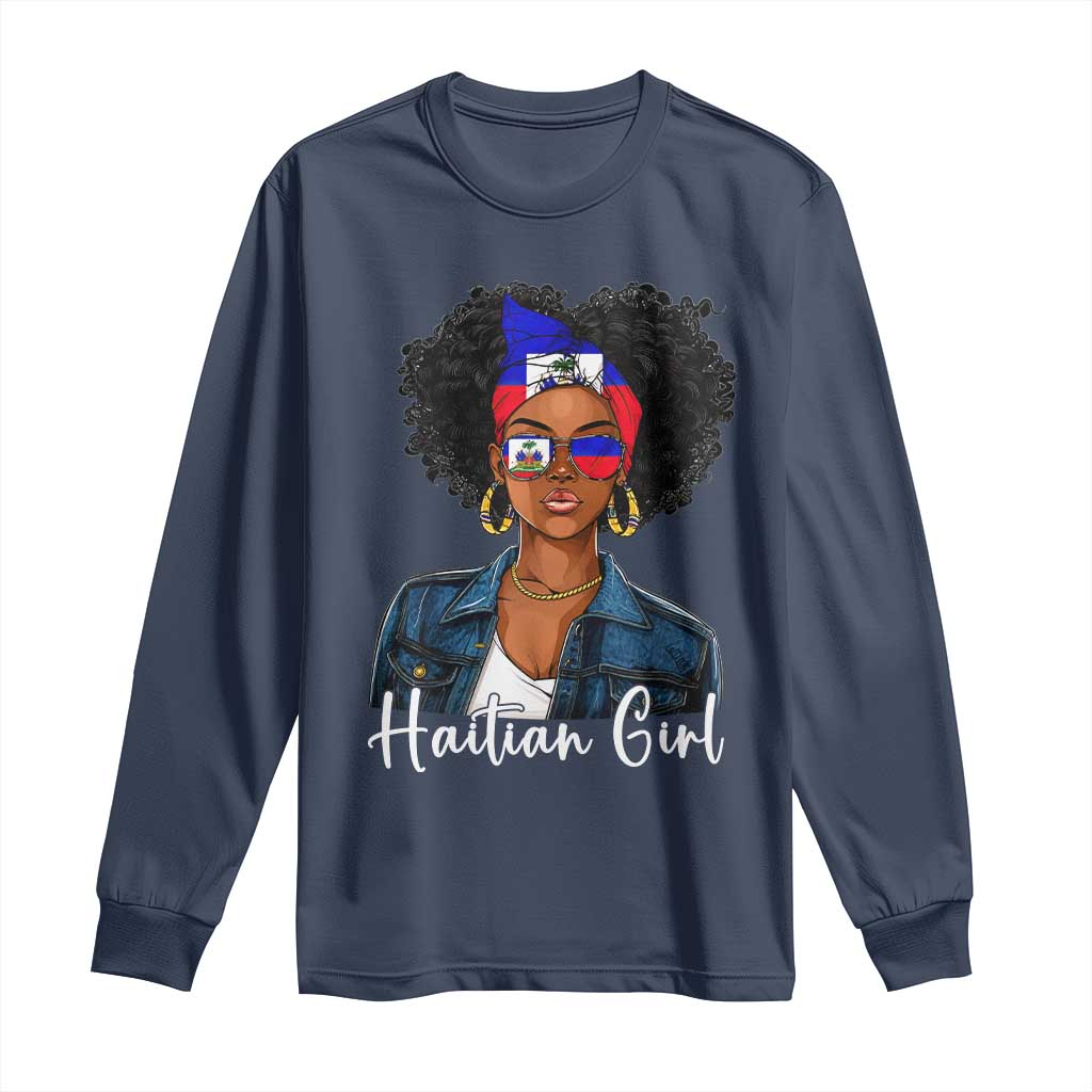 Proud Haitian Afro Girl in Denim Jacket Style Graphic Long Sleeve Shirt Haiti Heritage Pride TS02 Navy Print Your Wear
