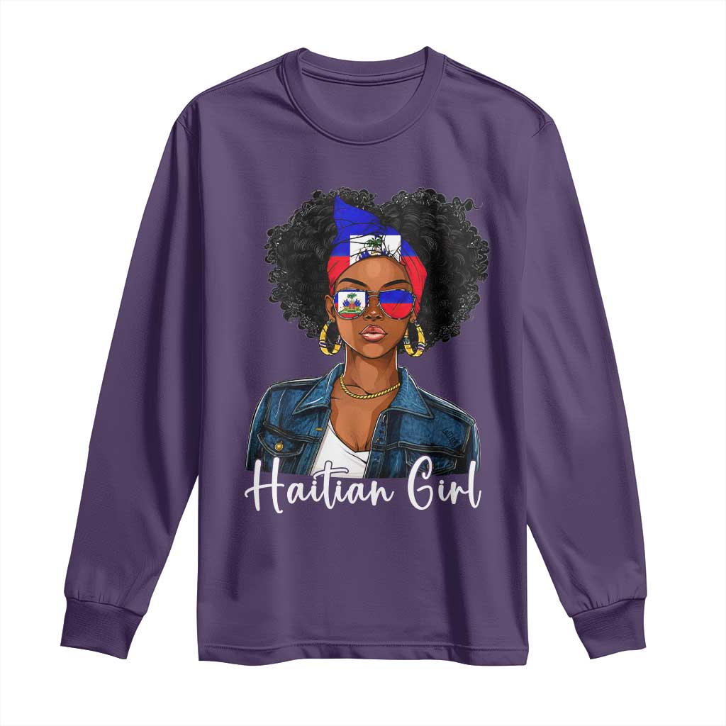 Proud Haitian Afro Girl in Denim Jacket Style Graphic Long Sleeve Shirt Haiti Heritage Pride TS02 Purple Print Your Wear