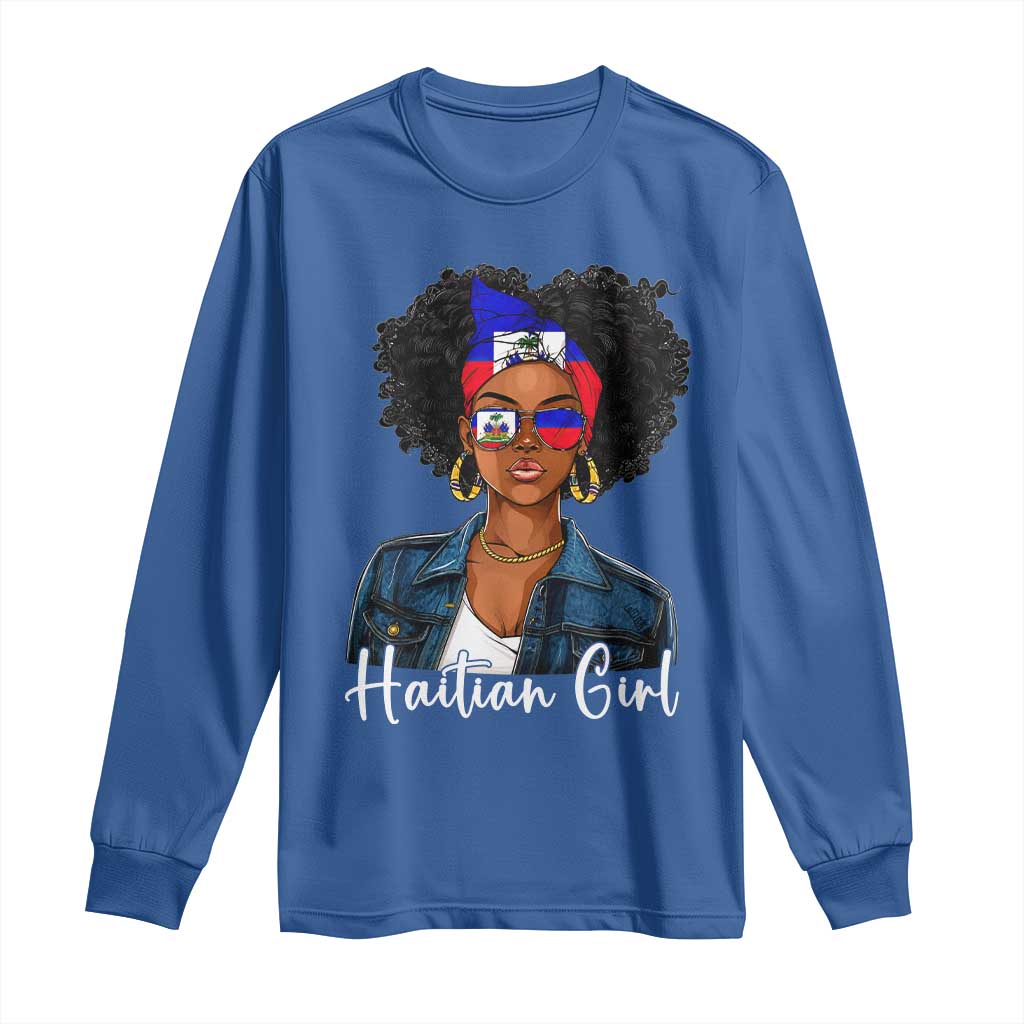 Proud Haitian Afro Girl in Denim Jacket Style Graphic Long Sleeve Shirt Haiti Heritage Pride TS02 Royal Blue Print Your Wear