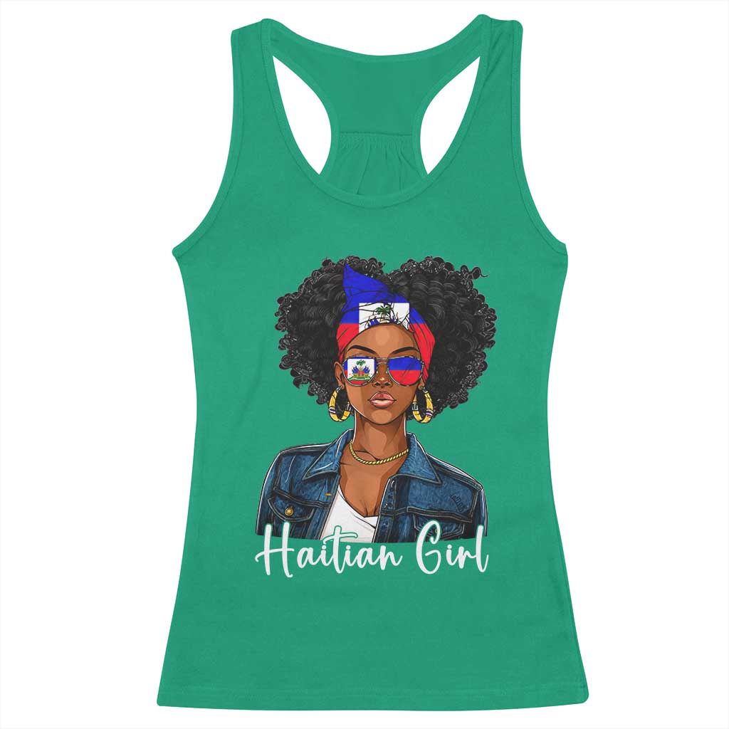 Proud Haitian Afro Girl in Denim Jacket Style Graphic Racerback Tank Top Haiti Heritage Pride TS02 Irish Green Print Your Wear
