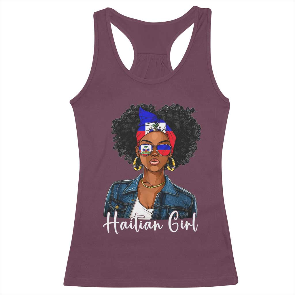 Proud Haitian Afro Girl in Denim Jacket Style Graphic Racerback Tank Top Haiti Heritage Pride TS02 Maroon Print Your Wear