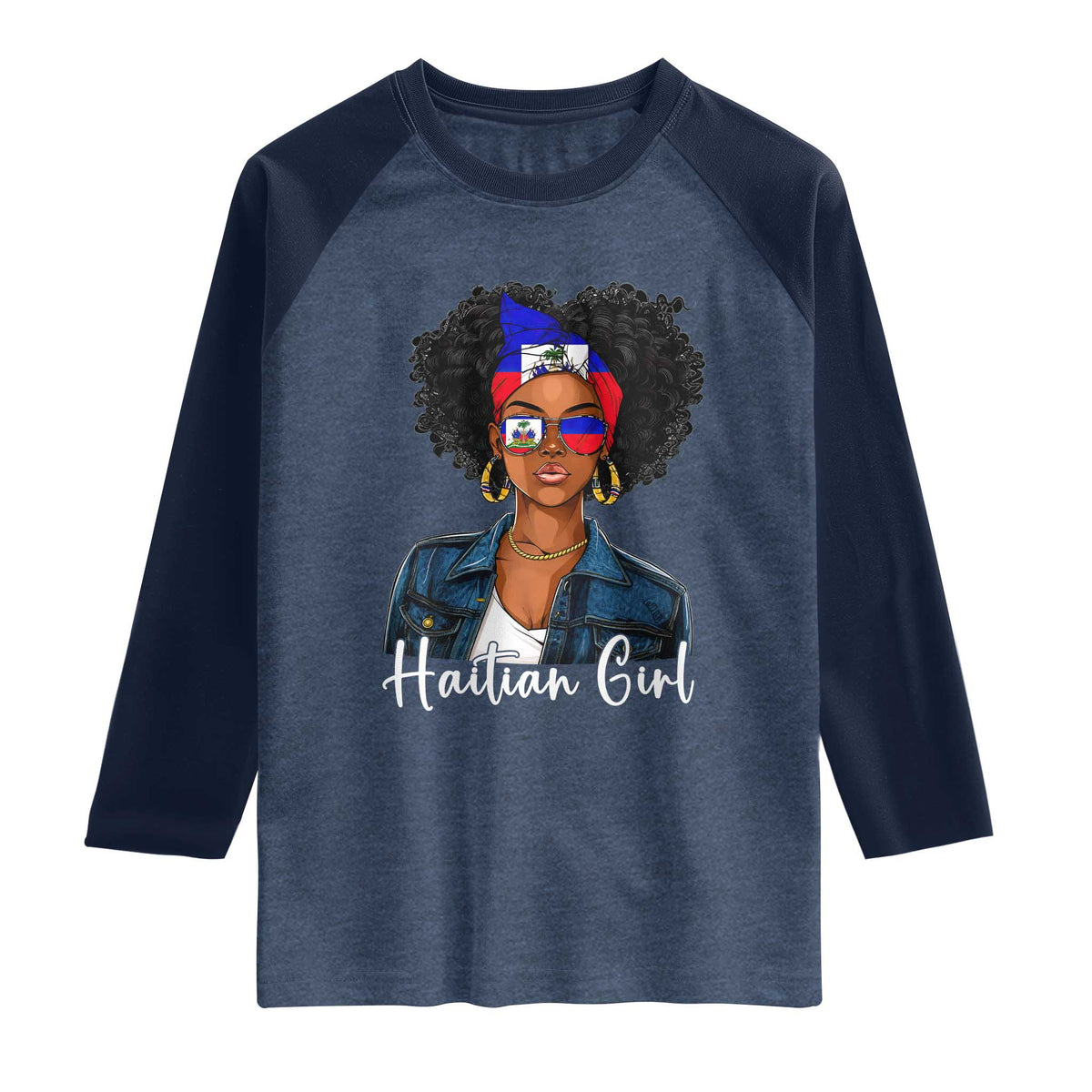 Proud Haitian Afro Girl in Denim Jacket Style Graphic Raglan Shirt Haiti Heritage Pride TS02 Heather Denim Navy Print Your Wear