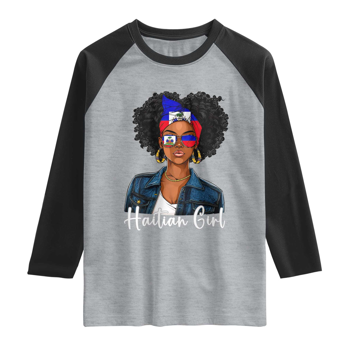 Proud Haitian Afro Girl in Denim Jacket Style Graphic Raglan Shirt Haiti Heritage Pride TS02 Heather Gray Black Print Your Wear