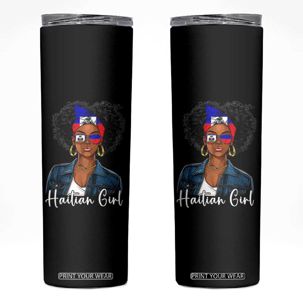Proud Haitian Afro Girl in Denim Jacket Style Graphic Skinny Tumbler Haiti Heritage Pride TS02 Black Print Your Wear