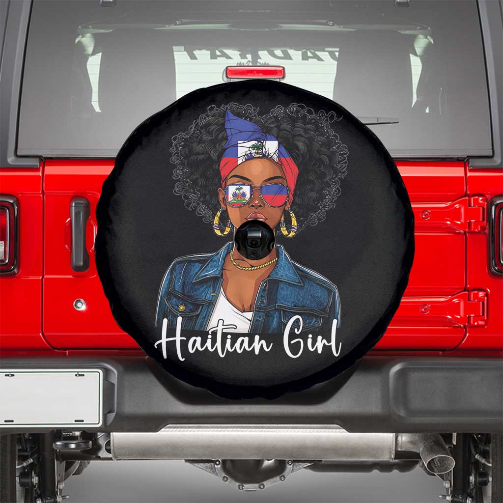 Proud Haitian Afro Girl in Denim Jacket Style Graphic Spare Tire Cover Haiti Heritage Pride TS02 Black Print Your Wear