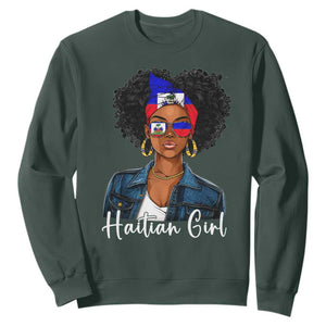 Proud Haitian Afro Girl in Denim Jacket Style Graphic Sweatshirt Haiti Heritage Pride TS02 Dark Forest Green Print Your Wear