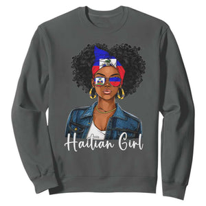 Proud Haitian Afro Girl in Denim Jacket Style Graphic Sweatshirt Haiti Heritage Pride TS02 Dark Heather Print Your Wear