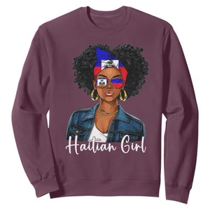 Proud Haitian Afro Girl in Denim Jacket Style Graphic Sweatshirt Haiti Heritage Pride TS02 Maroon Print Your Wear