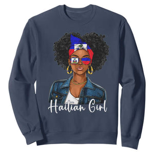 Proud Haitian Afro Girl in Denim Jacket Style Graphic Sweatshirt Haiti Heritage Pride TS02 Navy Print Your Wear