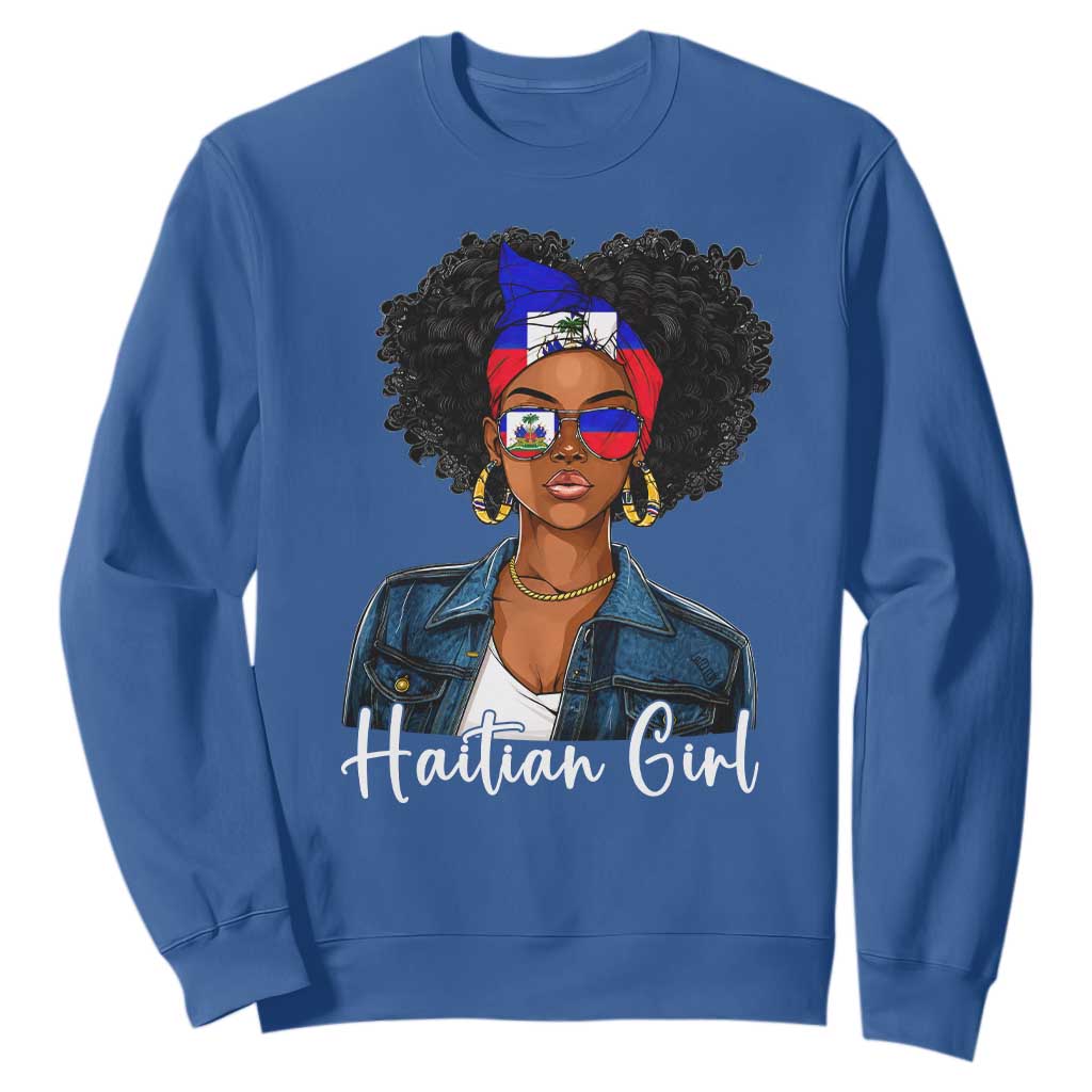 Proud Haitian Afro Girl in Denim Jacket Style Graphic Sweatshirt Haiti Heritage Pride TS02 Royal Blue Print Your Wear