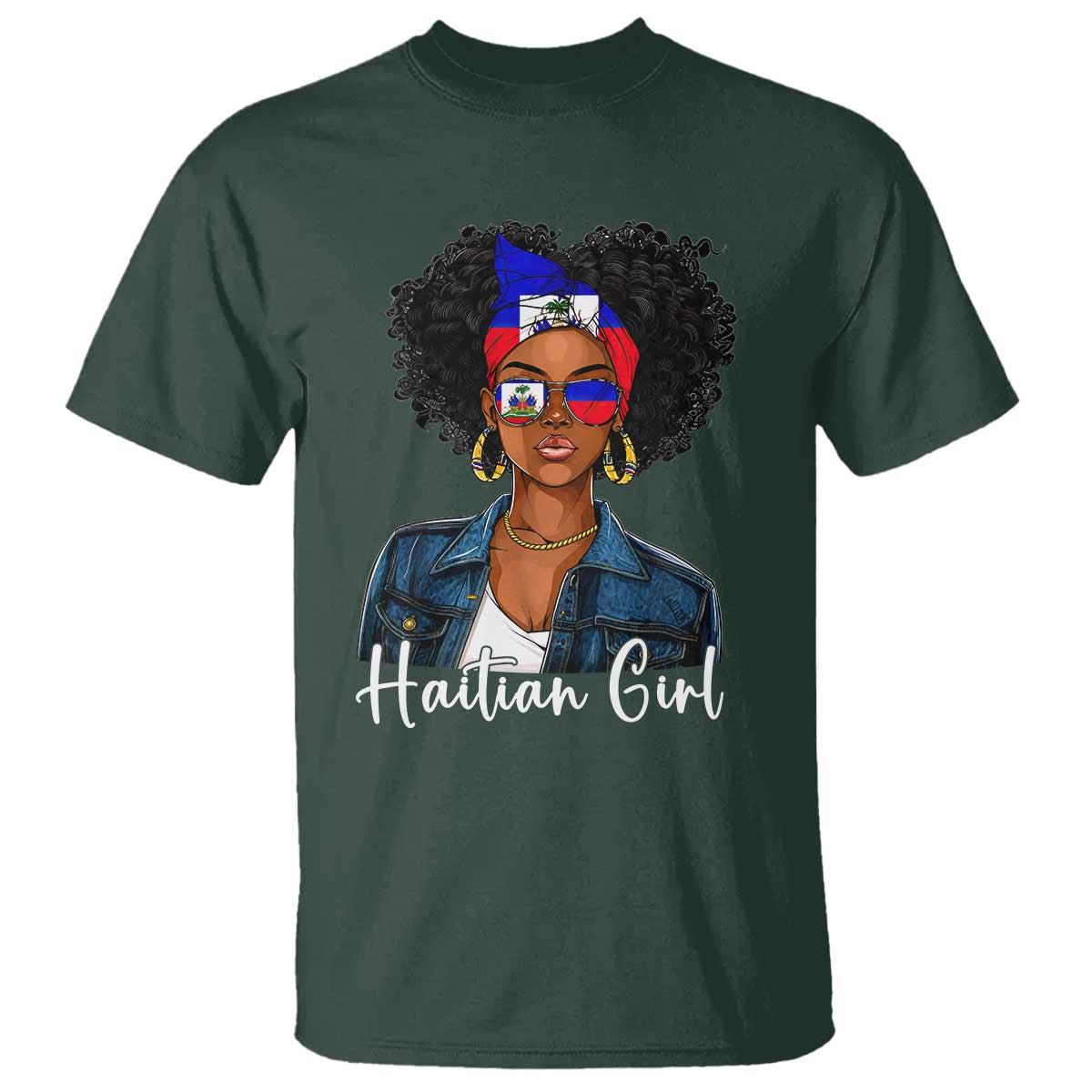 Proud Haitian Afro Girl in Denim Jacket Style Graphic T Shirt Haiti Heritage Pride TS02 Dark Forest Green Print Your Wear