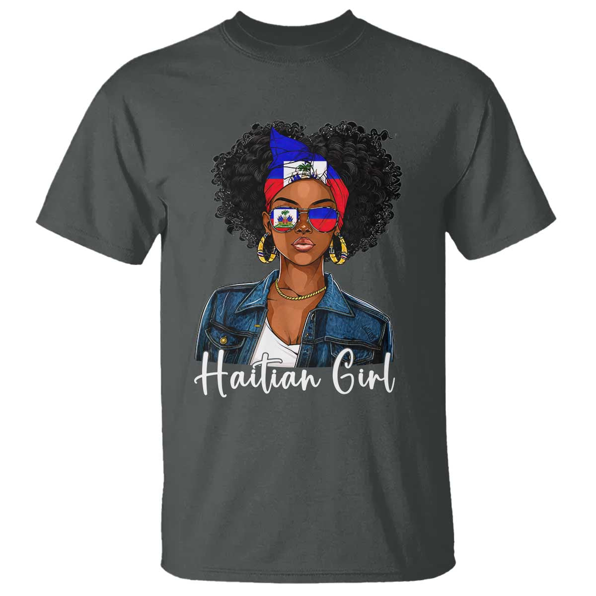 Proud Haitian Afro Girl in Denim Jacket Style Graphic T Shirt Haiti Heritage Pride TS02 Dark Heather Print Your Wear