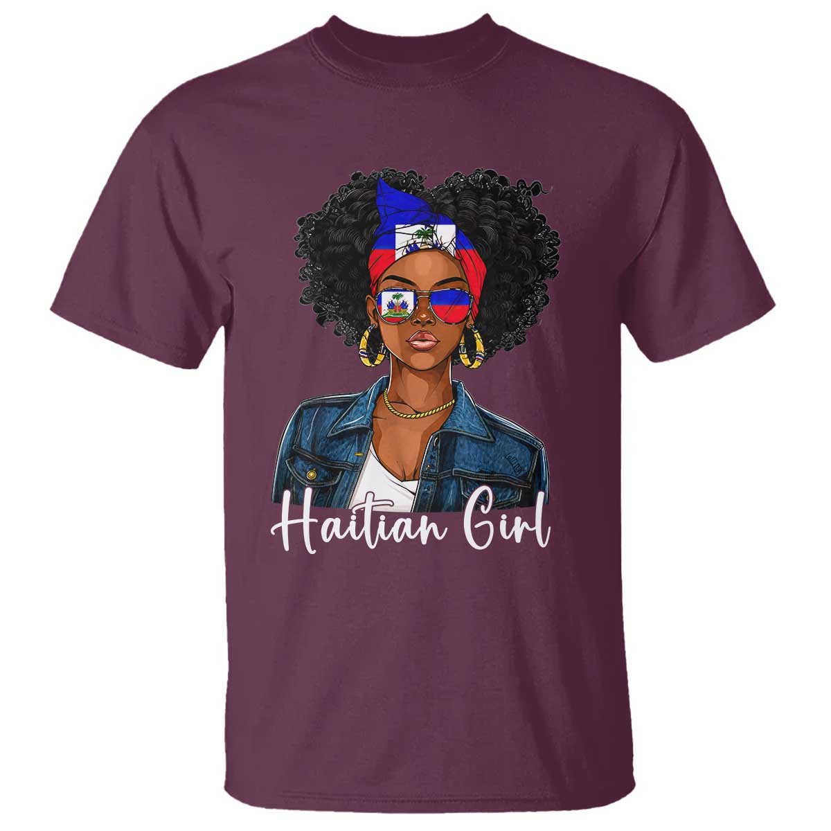 Proud Haitian Afro Girl in Denim Jacket Style Graphic T Shirt Haiti Heritage Pride TS02 Maroon Print Your Wear