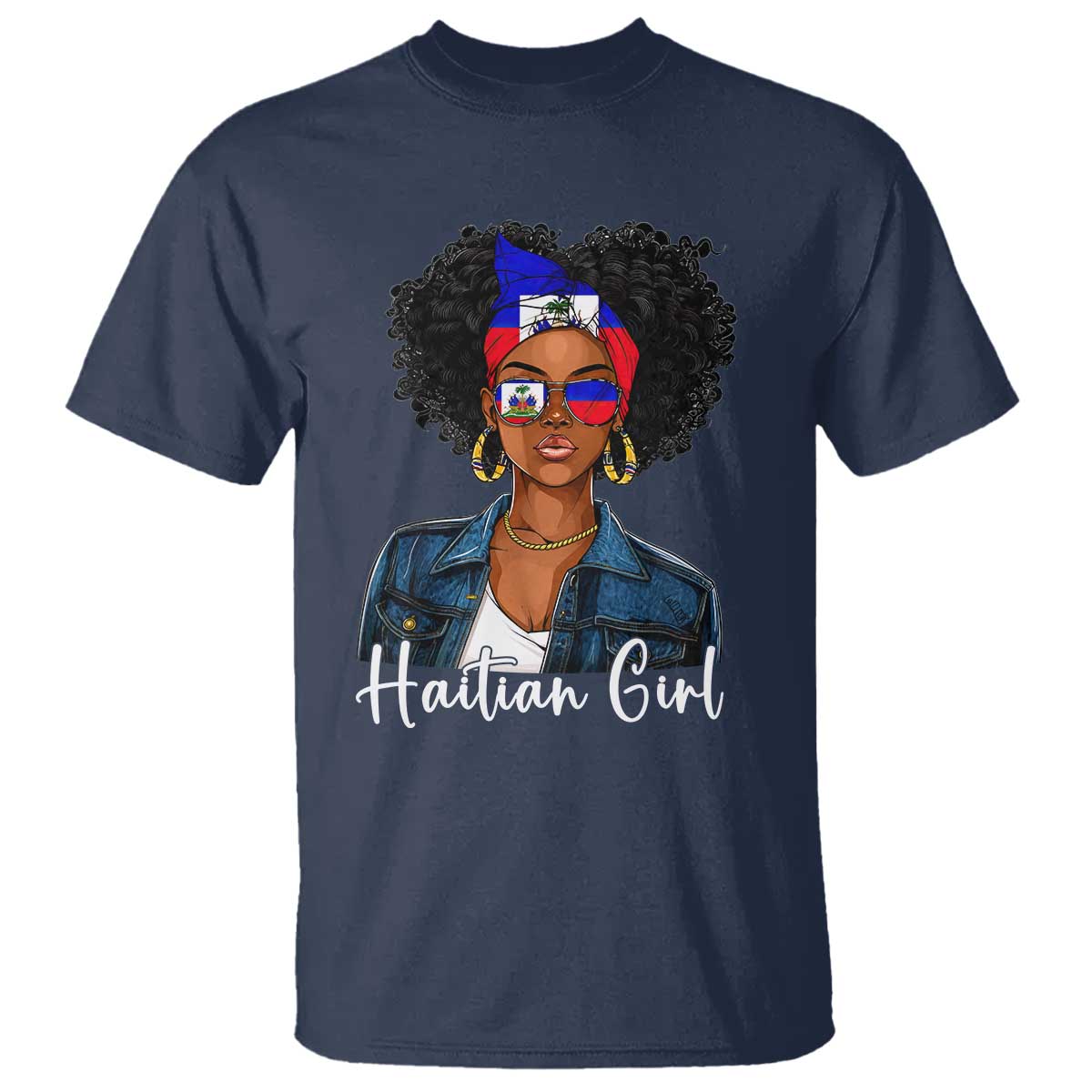 Proud Haitian Afro Girl in Denim Jacket Style Graphic T Shirt Haiti Heritage Pride TS02 Navy Print Your Wear