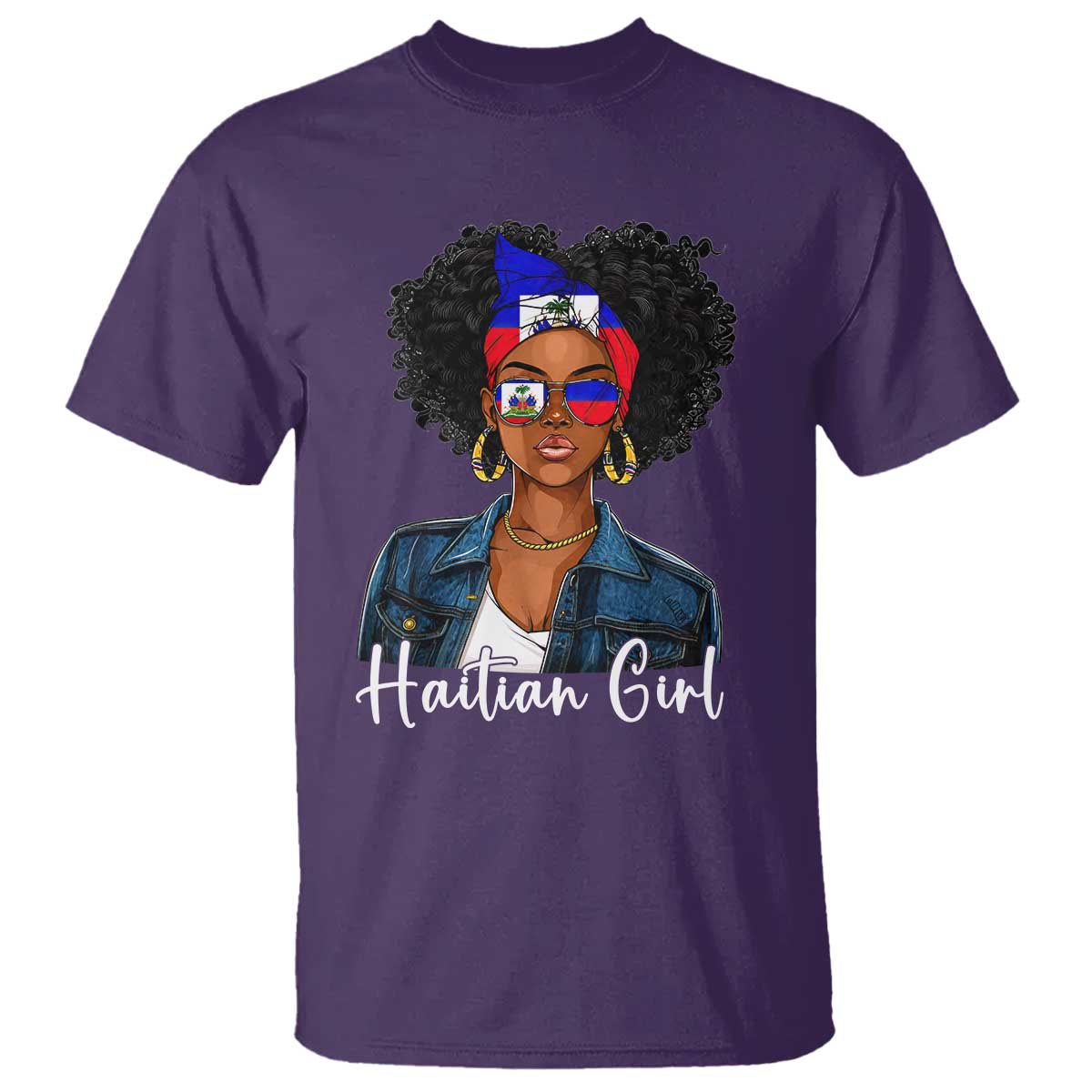 Proud Haitian Afro Girl in Denim Jacket Style Graphic T Shirt Haiti Heritage Pride TS02 Purple Print Your Wear