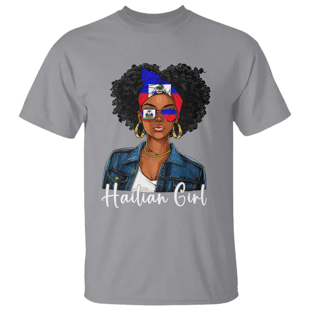 Proud Haitian Afro Girl in Denim Jacket Style Graphic T Shirt Haiti Heritage Pride TS02 Sport Gray Print Your Wear