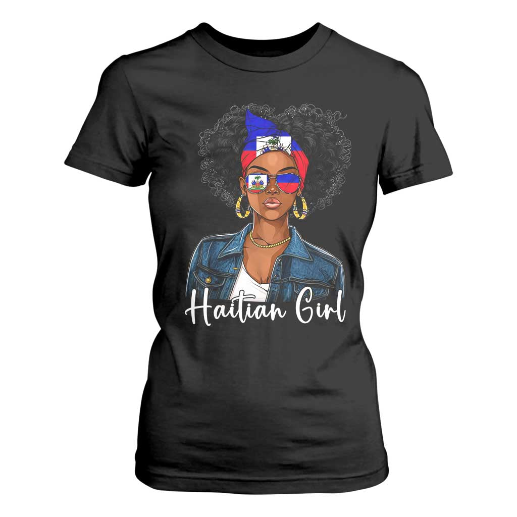 Proud Haitian Afro Girl in Denim Jacket Style Graphic T Shirt For Women Haiti Heritage Pride TS02 Black Print Your Wear