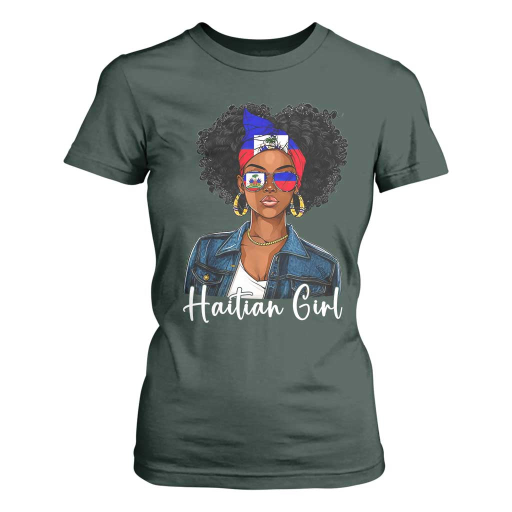 Proud Haitian Afro Girl in Denim Jacket Style Graphic T Shirt For Women Haiti Heritage Pride TS02 Dark Forest Green Print Your Wear