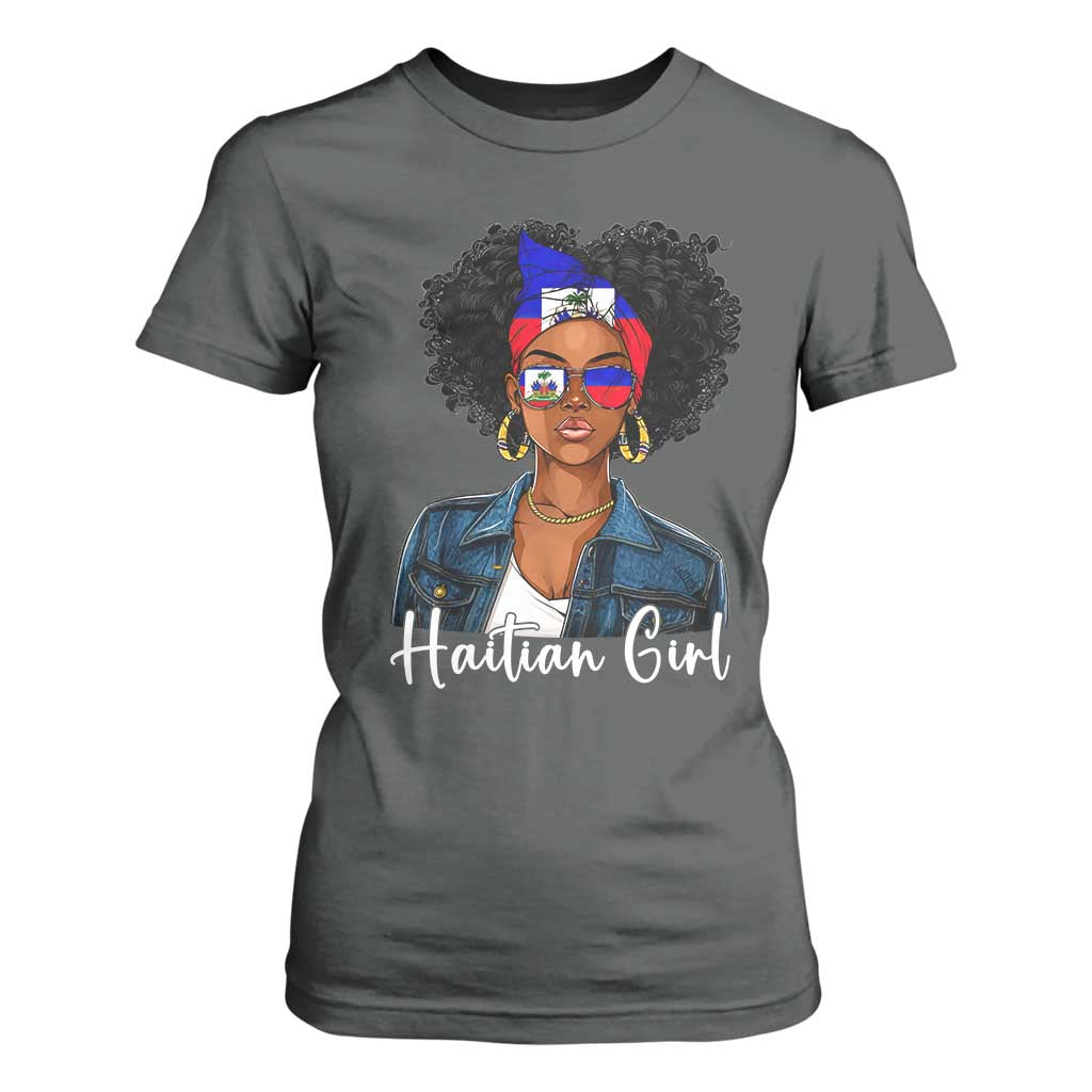 Proud Haitian Afro Girl in Denim Jacket Style Graphic T Shirt For Women Haiti Heritage Pride TS02 Dark Heather Print Your Wear