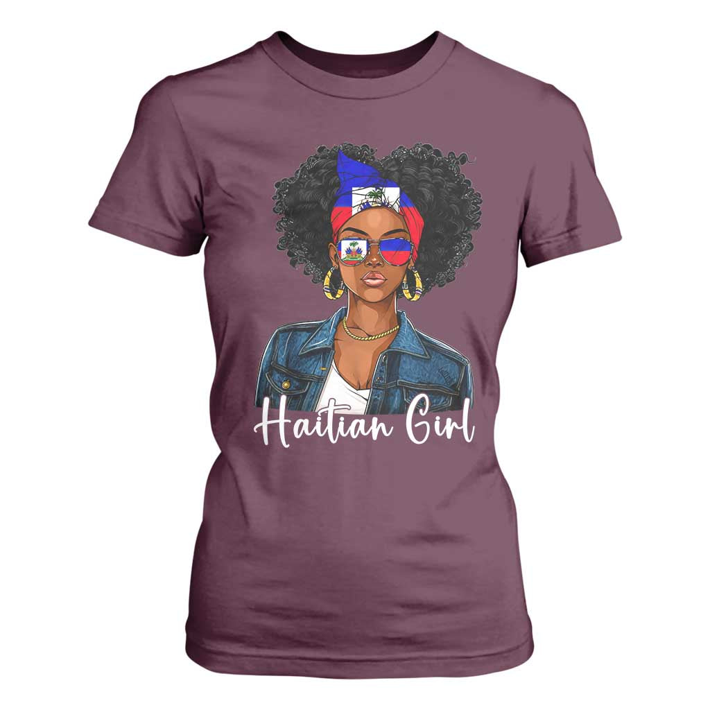 Proud Haitian Afro Girl in Denim Jacket Style Graphic T Shirt For Women Haiti Heritage Pride TS02 Maroon Print Your Wear