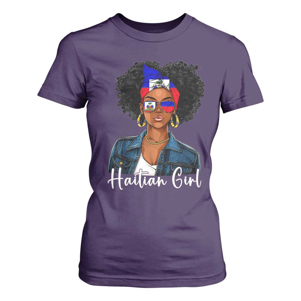 Proud Haitian Afro Girl in Denim Jacket Style Graphic T Shirt For Women Haiti Heritage Pride TS02 Purple Print Your Wear