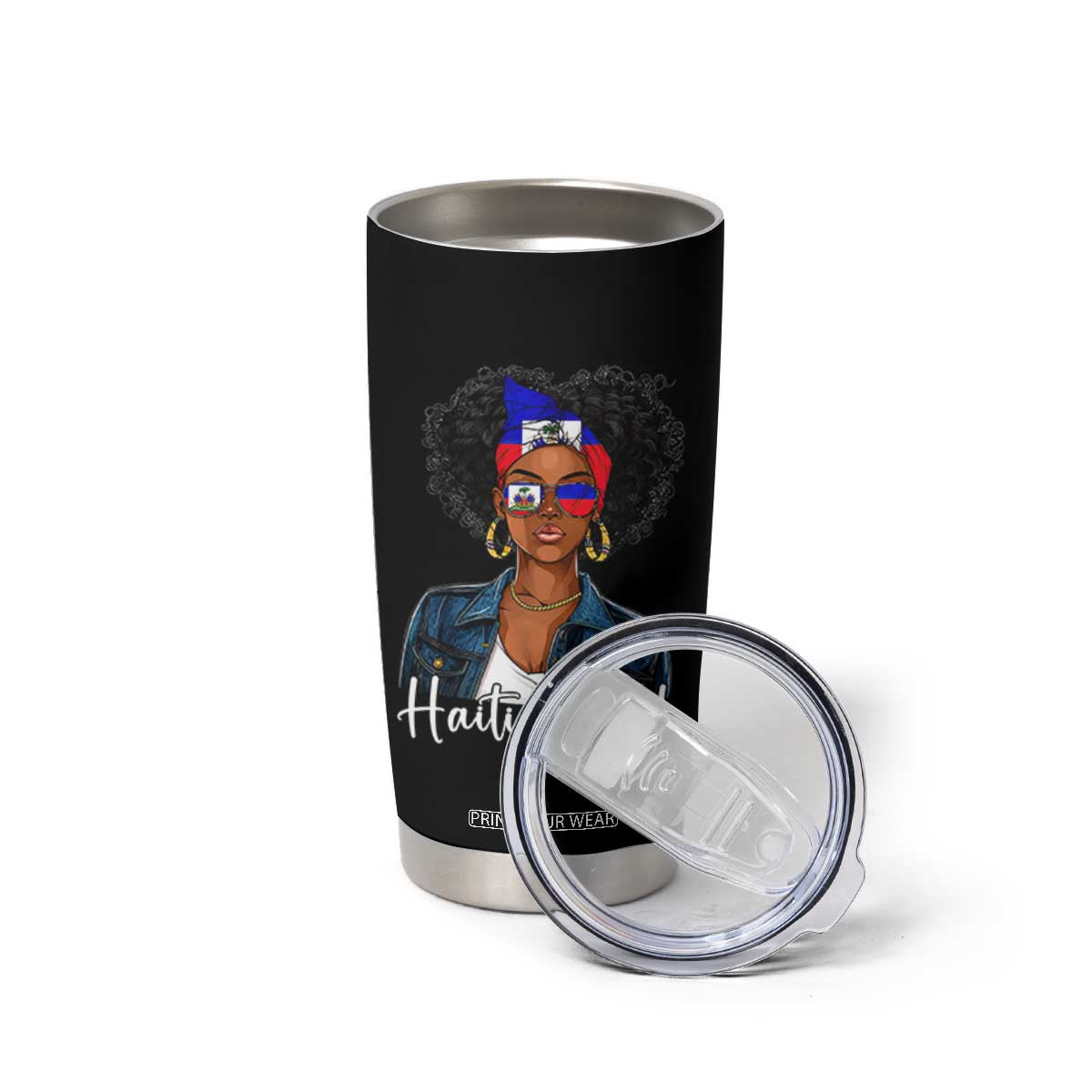 Proud Haitian Afro Girl in Denim Jacket Style Graphic Tumbler Cup Haiti Heritage Pride TS02 Print Your Wear