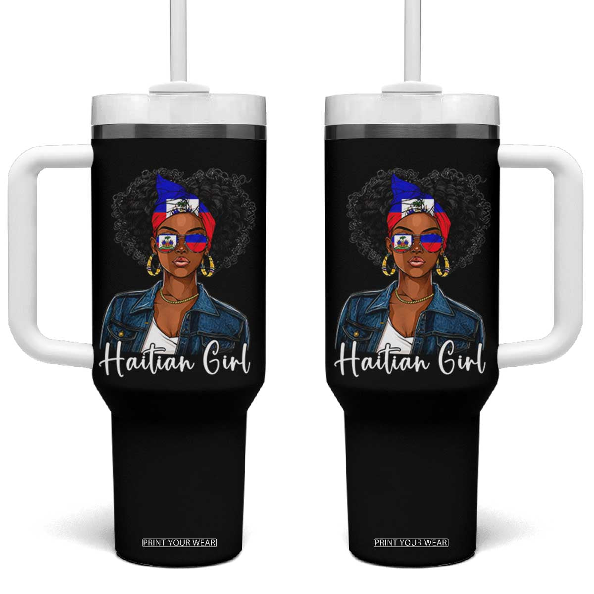 Proud Haitian Afro Girl in Denim Jacket Style Graphic Tumbler With Handle Haiti Heritage Pride TS02 One Size: 40 oz Black Print Your Wear