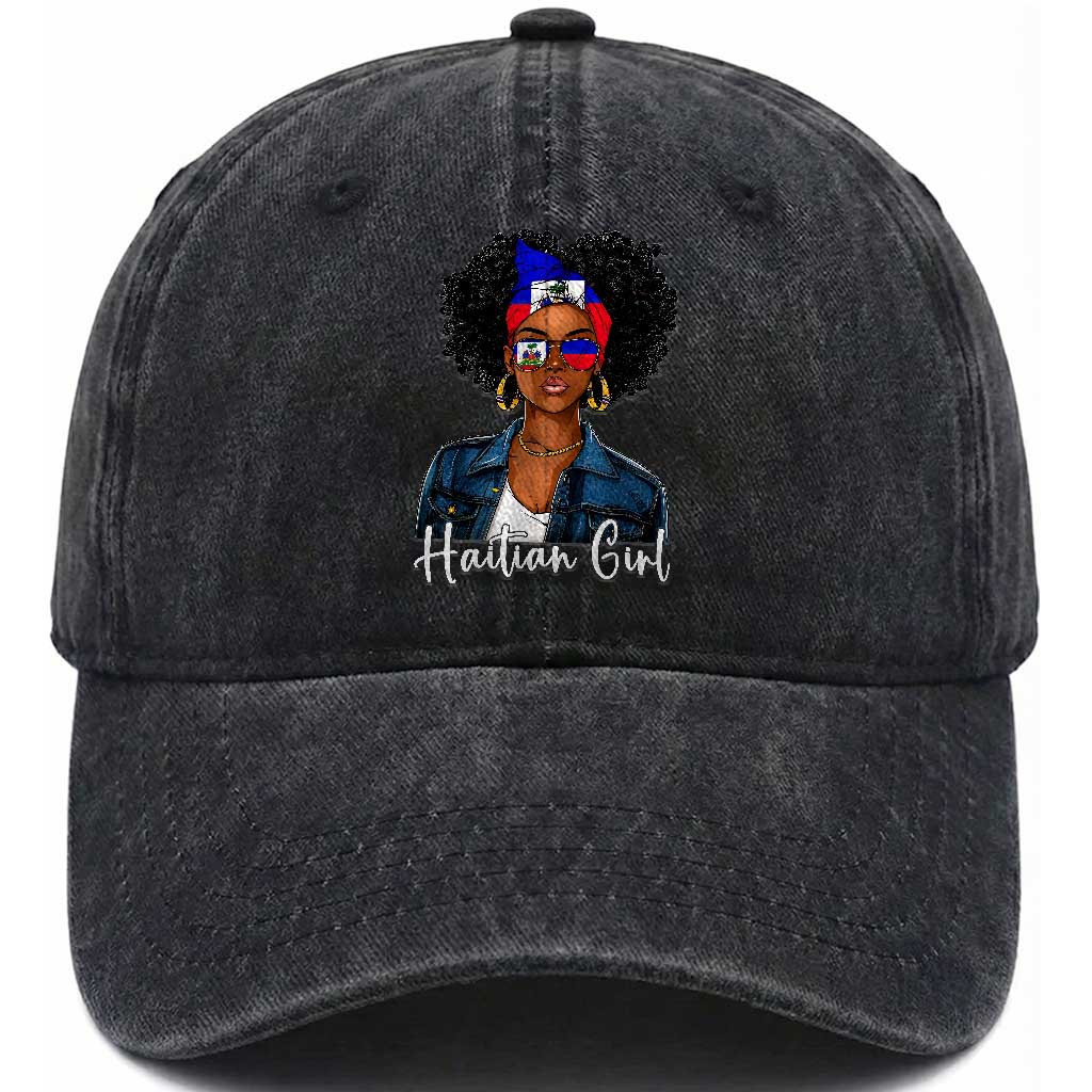 Proud Haitian Afro Girl in Denim Jacket Style Graphic Washed Cotton Baseball Cap Haiti Heritage Pride TS02 Print Your Wear