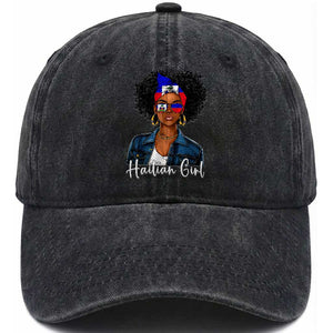 Proud Haitian Afro Girl in Denim Jacket Style Graphic Washed Cotton Baseball Cap Haiti Heritage Pride TS02 Print Your Wear