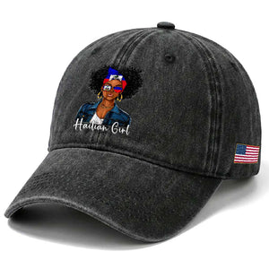 Proud Haitian Afro Girl in Denim Jacket Style Graphic Washed Cotton Baseball Cap Haiti Heritage Pride TS02 Print Your Wear