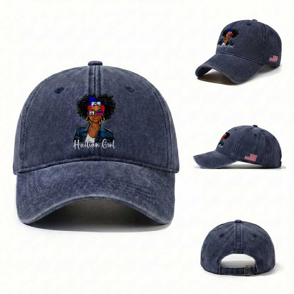 Proud Haitian Afro Girl in Denim Jacket Style Graphic Washed Cotton Baseball Cap Haiti Heritage Pride TS02 Washed Cap Universal Fit Navy Print Your Wear