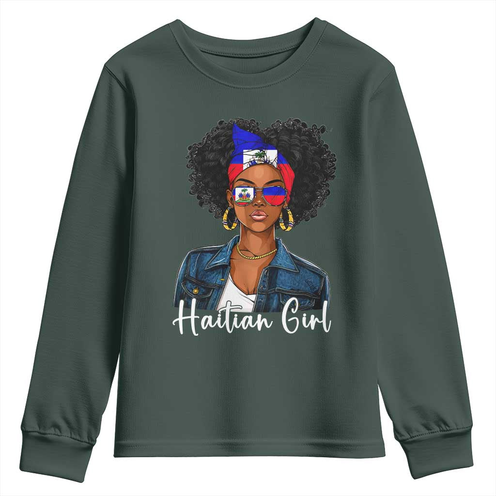 Proud Haitian Afro Girl in Denim Jacket Style Graphic Youth Sweatshirt Haiti Heritage Pride TS02 Dark Forest Green Print Your Wear
