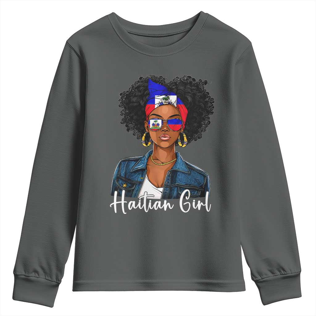 Proud Haitian Afro Girl in Denim Jacket Style Graphic Youth Sweatshirt Haiti Heritage Pride TS02 Dark Heather Print Your Wear
