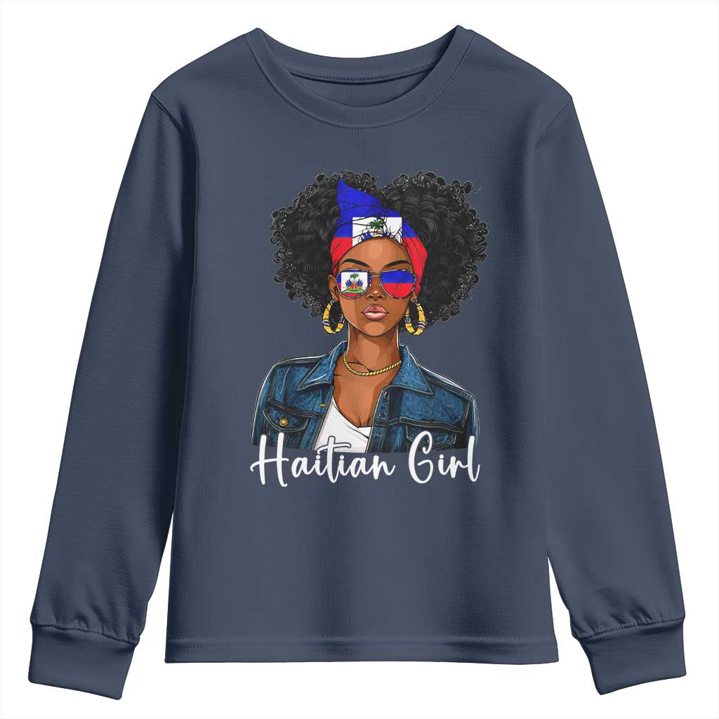 Proud Haitian Afro Girl in Denim Jacket Style Graphic Youth Sweatshirt Haiti Heritage Pride TS02 Navy Print Your Wear