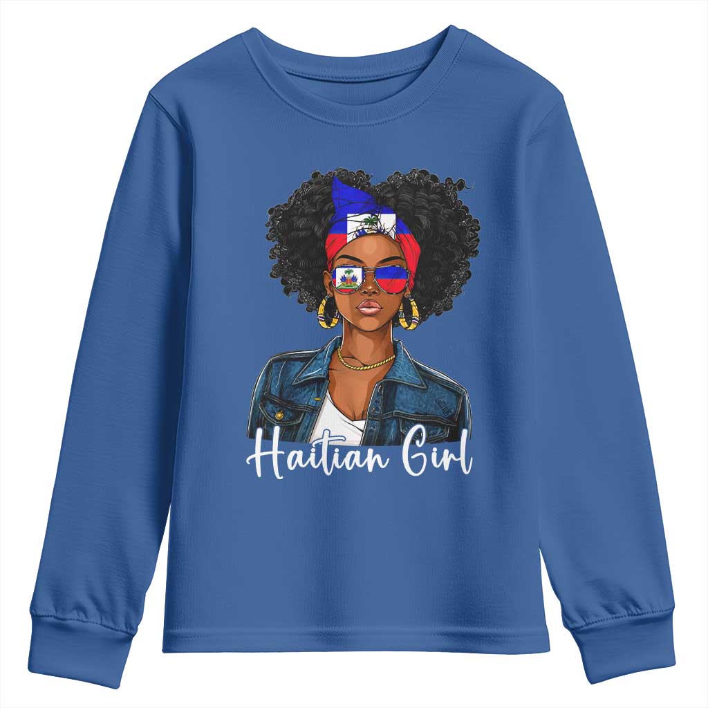 Proud Haitian Afro Girl in Denim Jacket Style Graphic Youth Sweatshirt Haiti Heritage Pride TS02 Royal Blue Print Your Wear