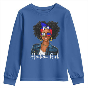 Proud Haitian Afro Girl in Denim Jacket Style Graphic Youth Sweatshirt Haiti Heritage Pride TS02 Royal Blue Print Your Wear