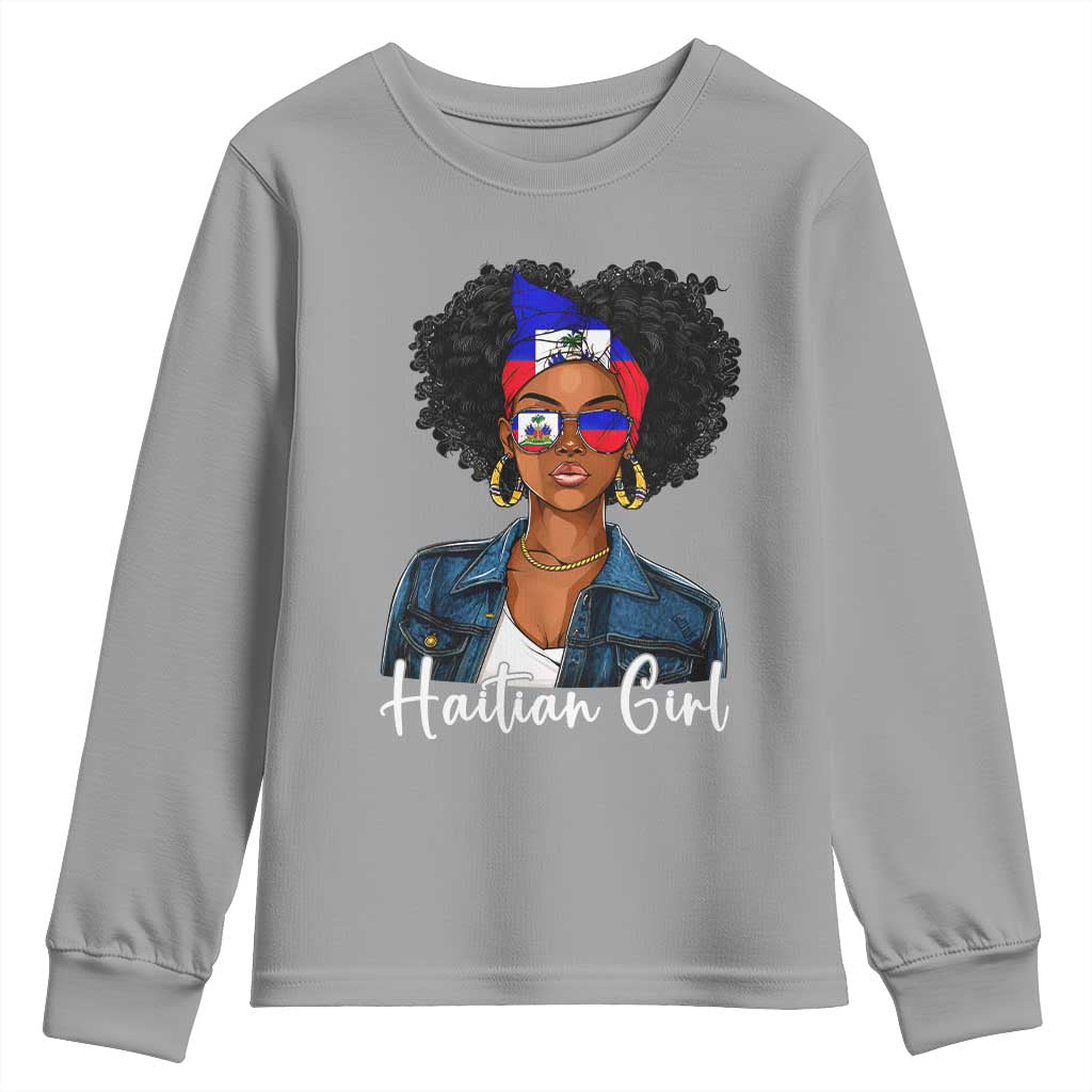 Proud Haitian Afro Girl in Denim Jacket Style Graphic Youth Sweatshirt Haiti Heritage Pride TS02 Sport Gray Print Your Wear