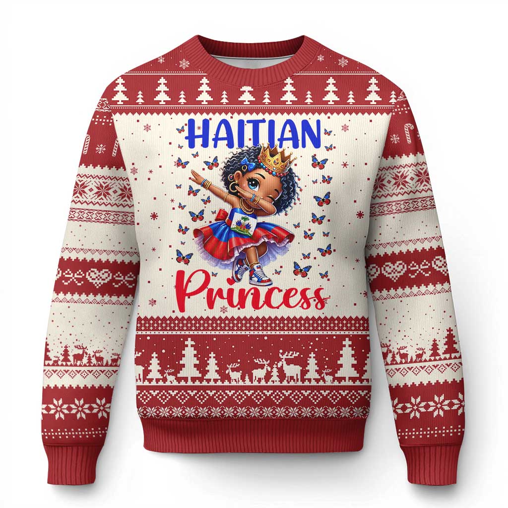 Cute Dabbing Haitian Princess Kids Graphic Ugly Christmas Sweater Haiti Heritage Pride TS02 Beige Red Print Your Wear