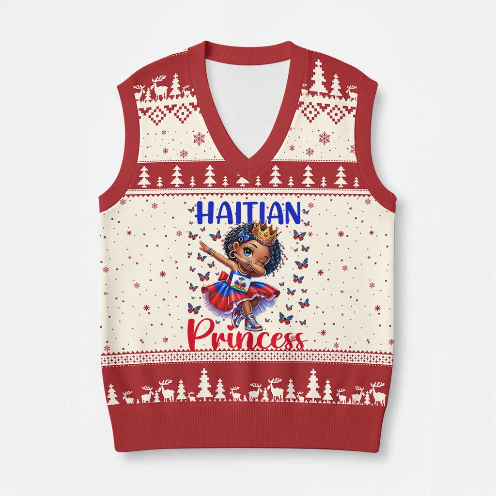 Cute Dabbing Haitian Princess Kids Graphic V-Neck Knit Sweater Vest Haiti Heritage Pride TS02 Beige Red Print Your Wear